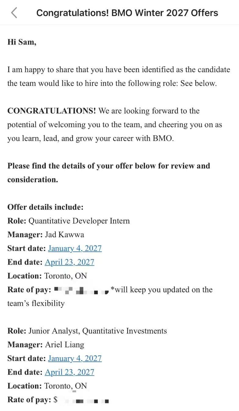 BMO offer email listing the Quantitative Developer Intern and Junior Analyst, Quantitative Investments roles